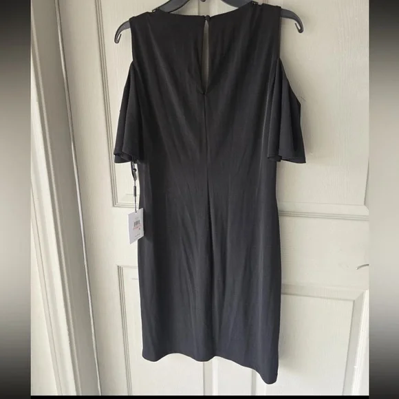 $99 Calvin Klein Black Dress 10 Women Shift Cold Shoulder Flutter Sleeve New - Picture 12 of 14